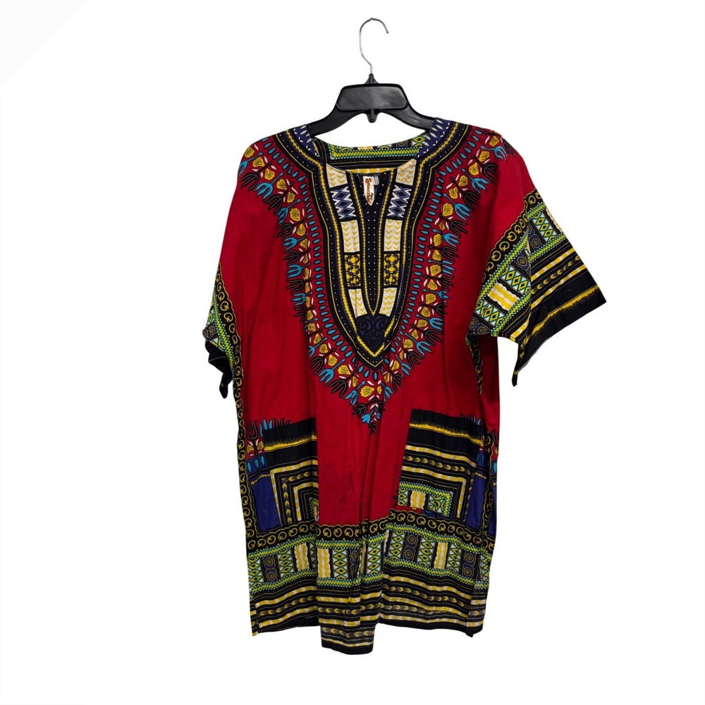 African Dashiki Shirt Red Tribal Print Unisex‎ Tunic Kaftan Boho V-Neck Top
